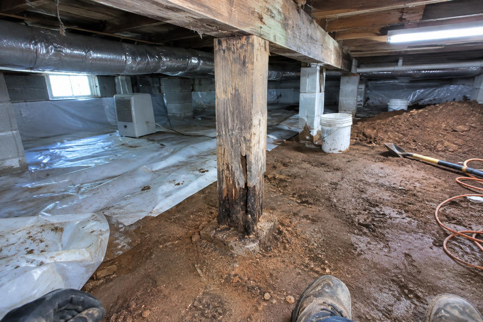A rotted wooden support post leaning under floor joists in a damp crawl space with bare dirt and a sagging girder overhead.