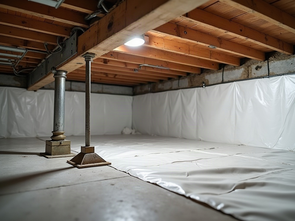 Repaired crawl space under a Byron, GA home with new support posts and a moisture barrier