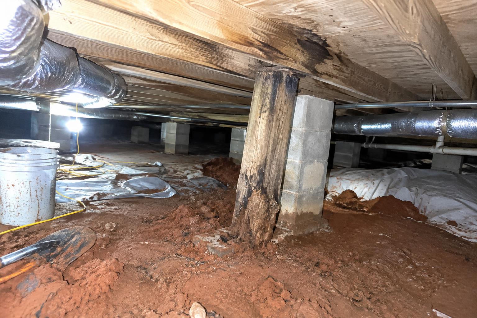 Damp bare dirt under a Forsyth crawl space with a rotted wood support post leaning beside a block pier and floor joists overhead