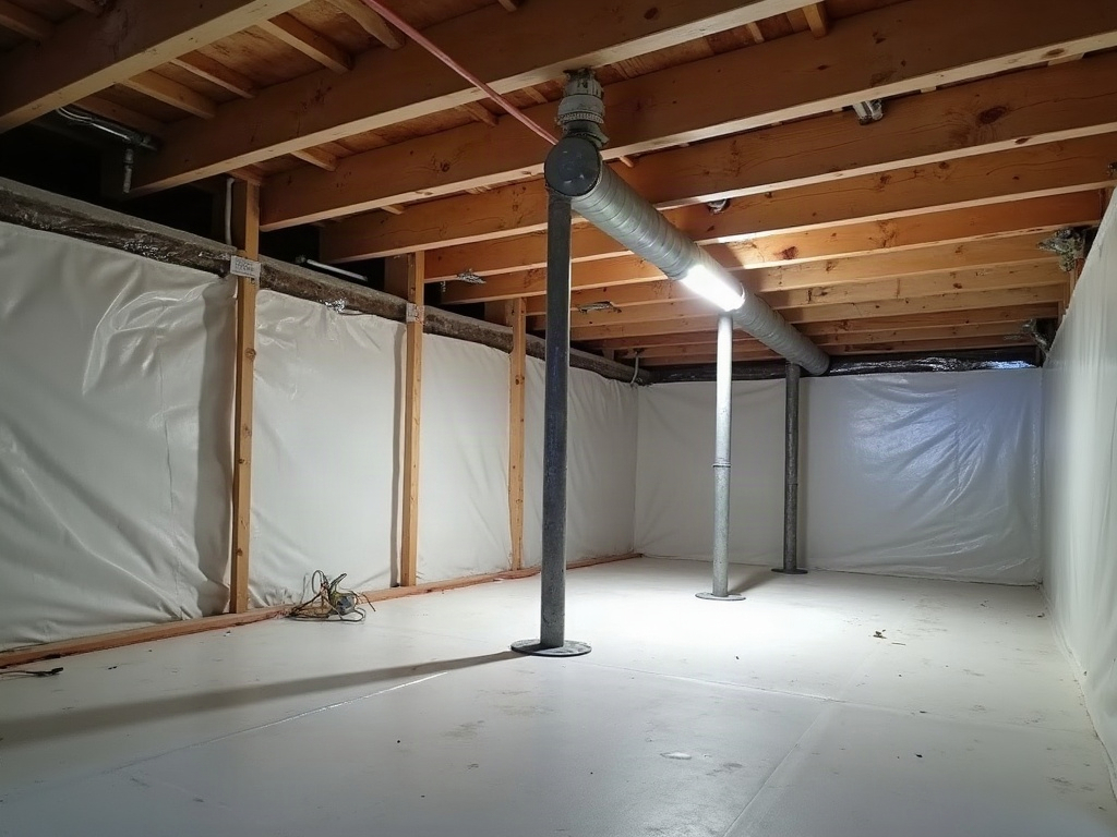 Crawl space under a Kathleen home showing support posts and a moisture barrier on the ground