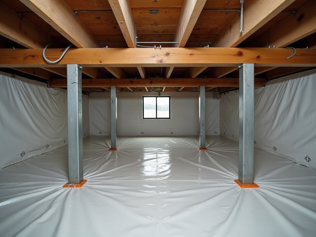 Crawl space under a Macon home with support posts and insulated floor joists