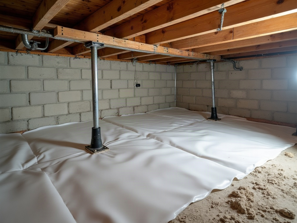 Crawl space under a Milledgeville, GA home with new steel support jacks and vapor barrier